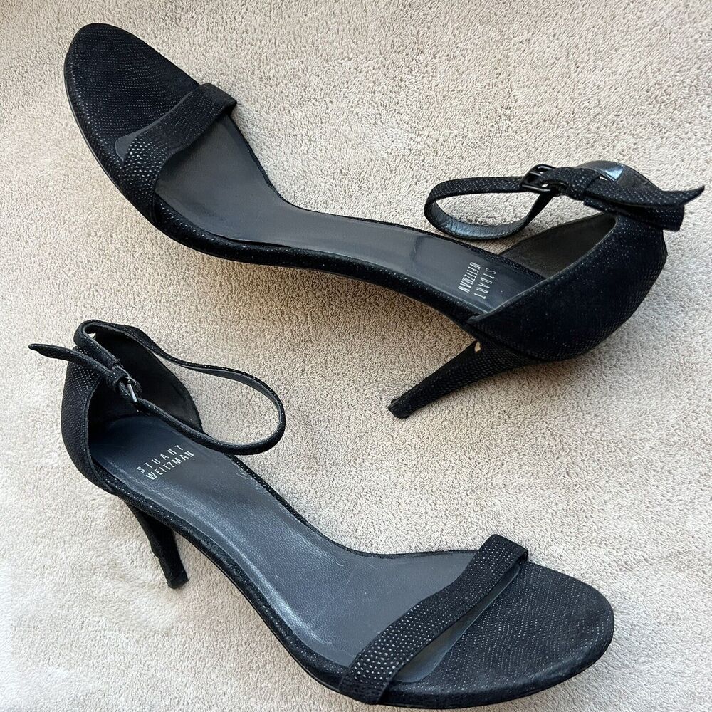 Stuart Weitzman‎ Black Goose Bump Leather Nudist Strappy Heeled Sandals 8.5 M